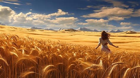 Premium Ai Image Woman White Dress Walking Wheat Field Avatar Witcher