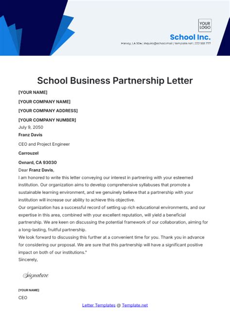 Free School Business Partnership Letter Template to Edit Online