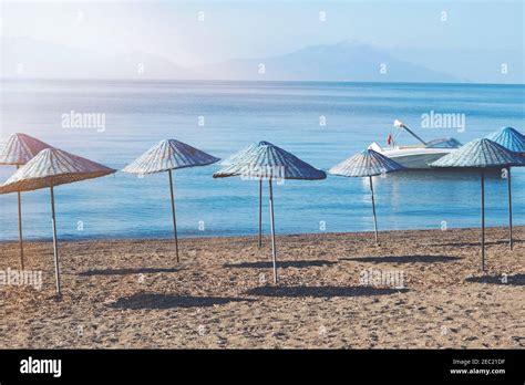 Bodrum Bitez Beach With Straw Umbrella Aegean Sea Retro İmage Stock