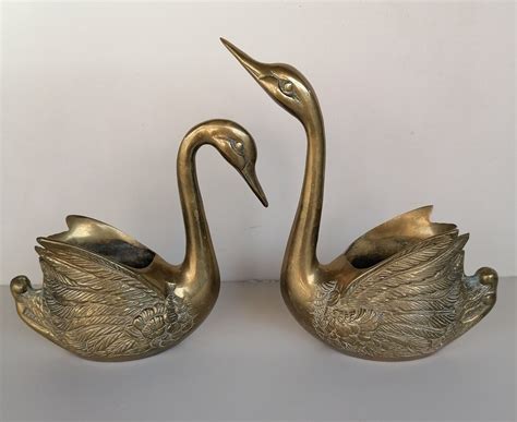 Pair Of 2 Vintage Brass Swans Vase Hollywood Regency Figures Mcm Swans Sculptures Home Decor