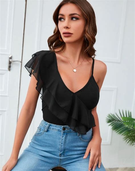 Black Ruffle Top Styched Fashion