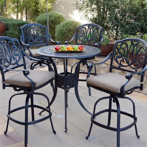 Elisabeth 5 Piece Cast Aluminum Patio Swivel Bar Stool Set W 36 Inch Round Counter Height Table