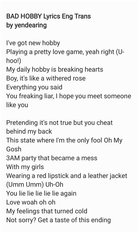 옌랑스러워 On Twitter Bad Hobby Lyrics Eng Trans Kr Lyrics Based On Melon