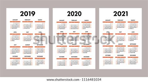 2019 2020 2021 Calendar Set Color Stock Vector Royalty Free