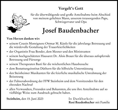 Traueranzeigen Von Josef Baudenbacher Augsburger Allgemeine Zeitung