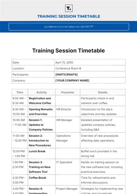 Free Training Session Timetable Template to Edit Online 