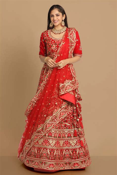 Buy Red Floral Embroidered Lehenga Online In The Usa Mohey Lehenga