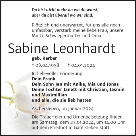 Traueranzeigen Von Sabine Leonhardt Abschied Nehmen De