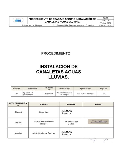 Pt Limpieza De Canaletas Procedimiento De Trabajo Seguro Instalaci N