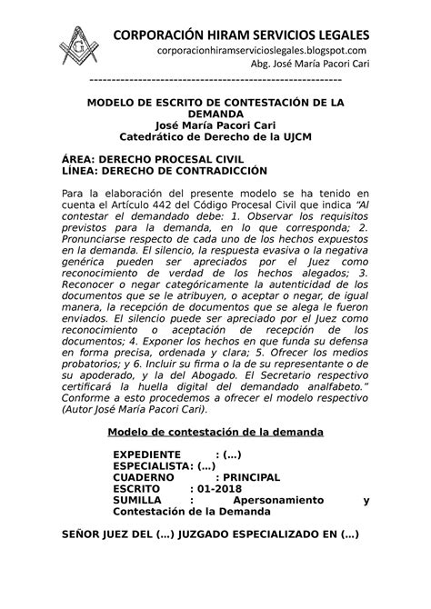 Modelo DE Contestacion DE Demanda CORPORACIÓN HIRAM SERVICIOS LEGALES