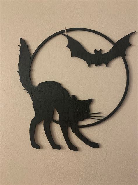 Black Cat Bat And Moon Halloween Wall Art Decor Laser Etsy