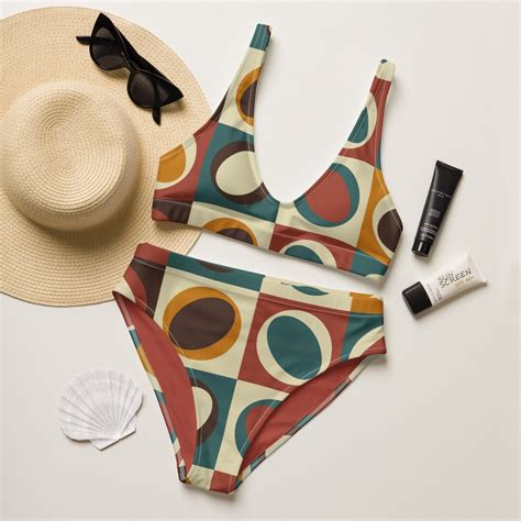 Retro High Waisted Bikini Set Geometric Shapes Eco Friendly Bikini Swim Wear Modern Seamless