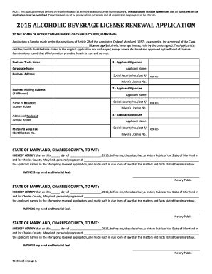 Fillable Online Charlescountymd 2015 ALCOHOLIC BEVERAGE LICENSE RENEWAL