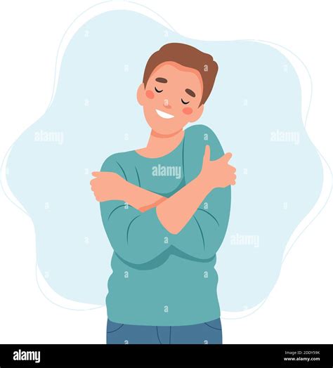 Self Love Concept Man Hugging Herself Vector Illustration In Flat