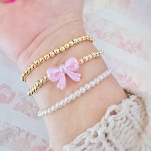 Pink Bow Bracelet Aesthetic Beaded Bracelet Coquette Bow Bracelet