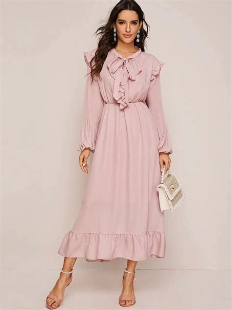 Tie Neck Ruffle Hem Lantern Sleeve A Line Dress Linen Dress Women A