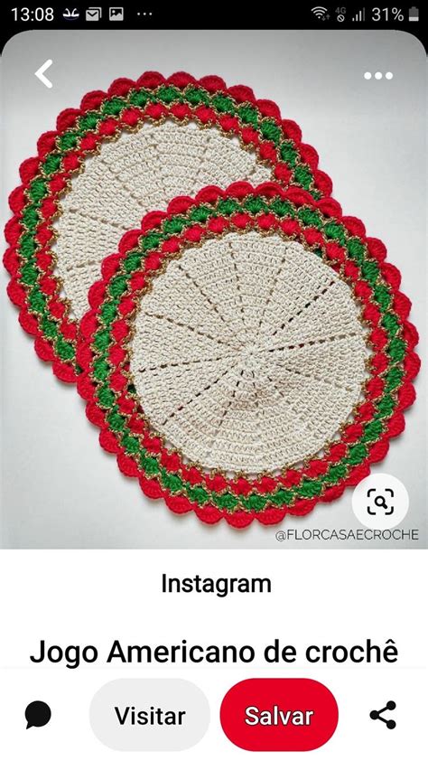 Two Crocheted Coasters With Red Green And White Designs On Them In Spanish