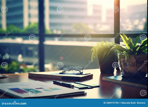 Desk Top and Blurred Office Background. Generative AI Stock Photo ...