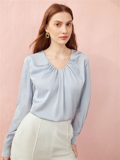 Motf Premium Pleat Neck Blouse Shein Usa