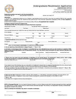 Fillable Online Famu Undergraduate Readmission Application Famu Fax