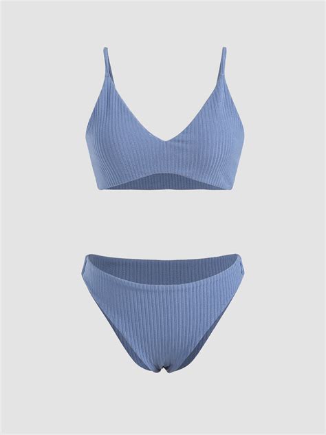 Solid Rib Knit Triangle Bikini Set Cider