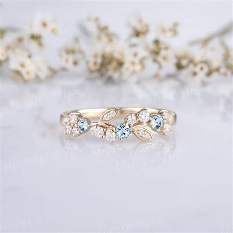 Leaf Aquamarine Wedding Band Gold Wedding Band Unique Diamond Cluster ...