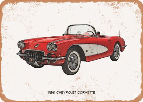 1958 Chevrolet Corvette Pencil Sketch - Rusty Look Metal Sign