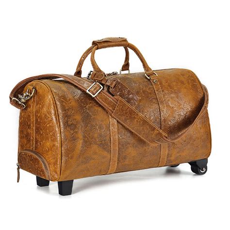 Wheeled Duffel Bag Genuine Leather Rolling Carry On Luggage Bag With ...