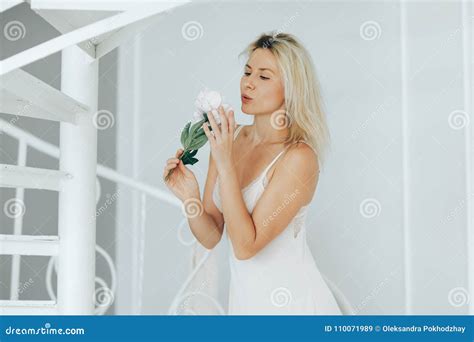 Blonde Woman Posing In White Lingerie Stock Image Image Of Adult Glamour 110071989