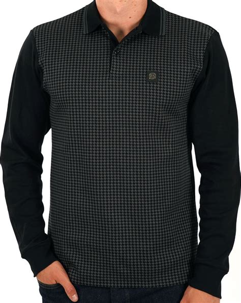 Trojan Houndstooth Panel Ls Polo Black 80s Casual Classics