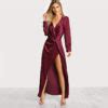 Burgundy Sexy Party Dress Satin Front Twist Wrap Dress Power Day Sale