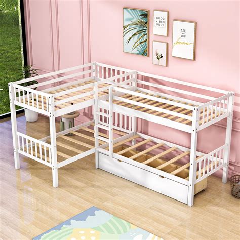 Harriet Bee Ewout Twin Over Twin 3 Drawer Solid Wood L Shaped Bunk Beds