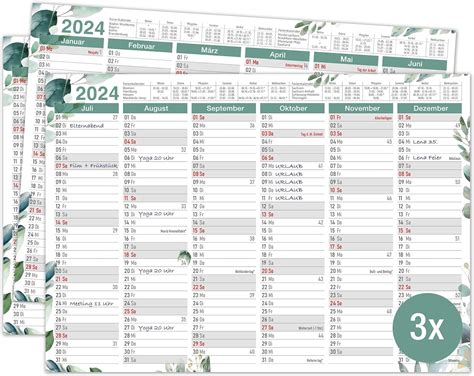 TOBJA Tafelkalender 2024 A4 Eukalyptus 3x Kalender 2024 Mit Ferien