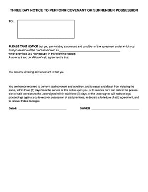 Fillable Online Three Day Notice To Perform Covenant Or Surrender