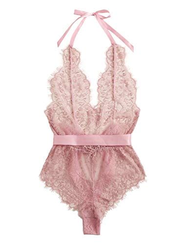 SheIn Women S One Piece Lingerie Sheer Lace Halter Teddy Bodysuit