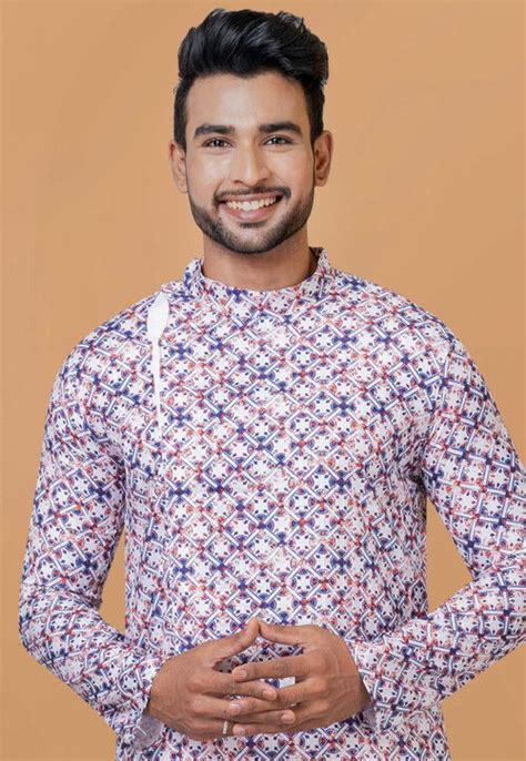 Digital Printed Cotton Kurta Set In White Mdw