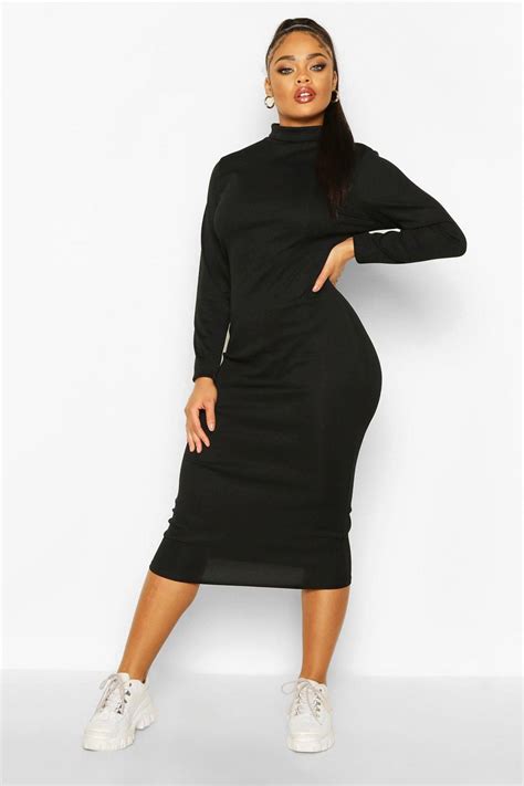 Plus Rib Knit Turtleneck Midi Dress Boohoo Turtleneck Midi Dress