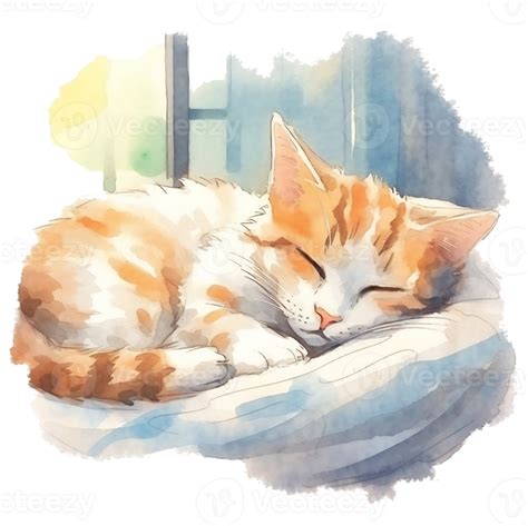 Watercolor illustration of cute a cat sleeping on watercolor background ...