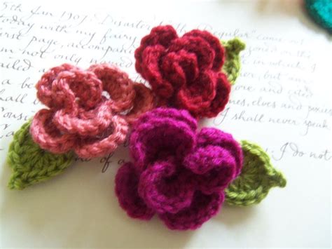 Set Of Three Assorted Crochet Flowers And Leafs Appliques Handmade