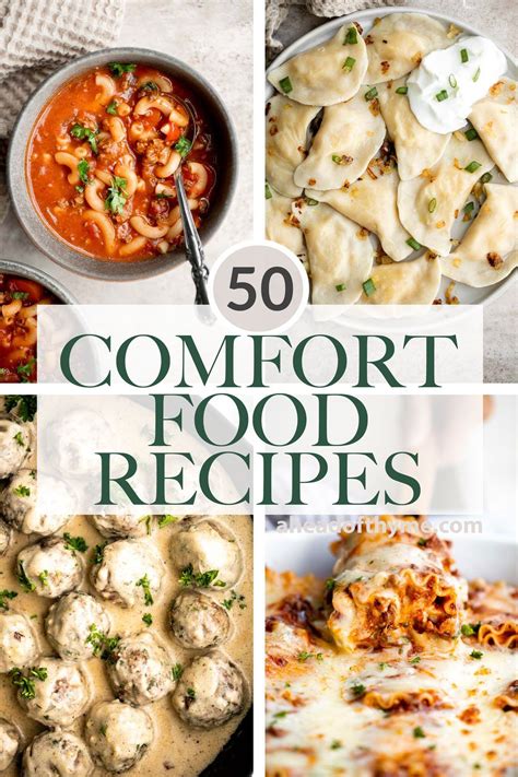 the cover of 50 comfort food recipes is shown in four different