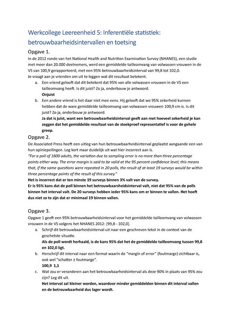 Wc 5 Toetsingen Werkcollege 5 Statistiek Werkcollege Leereenheid 5