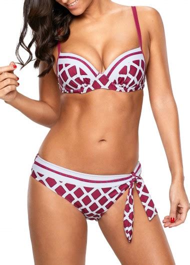 Underwire Red Plaid Print Bikini For Women Plaid Print Wine Red Bikini