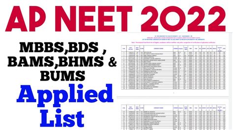 AP NEET 2022 MBBS BDS BAMS BHMS BUMS Applied List Ap Neet 2022