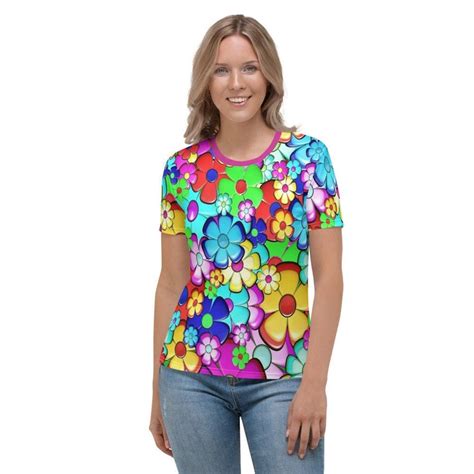 Women S Flower Power T Shirt Colorful Floral All Over Etsy