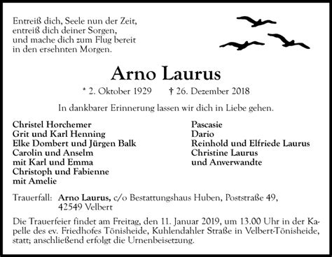 Traueranzeigen Von Arno Laurus Trauer In Nrw De