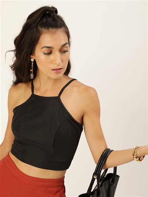 Buy Veni Vidi Vici Black Solid Fitted Crop Top Tops For Women