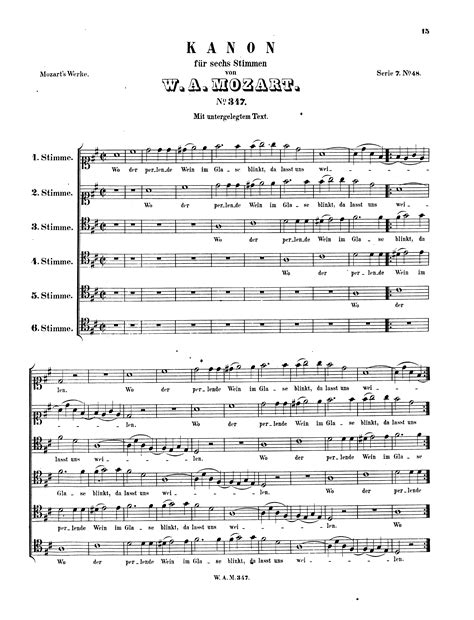 Mozart Wolfgang Amadeus Canon For 6 Voices In D Major K347382f For Choir Free Sheet