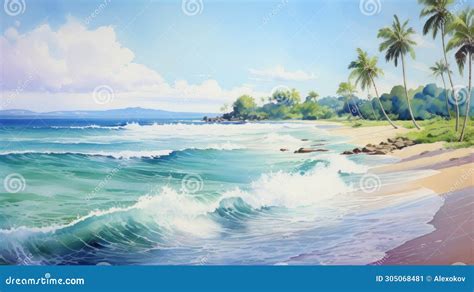 Beautiful Seascape With Palm Trees And Waves Illustration Stock