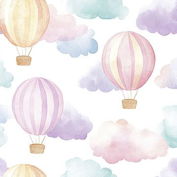 Watercolor Background With Pastel Colored Hot Air Balloons Floating Above Fluffy Clouds Hot Air