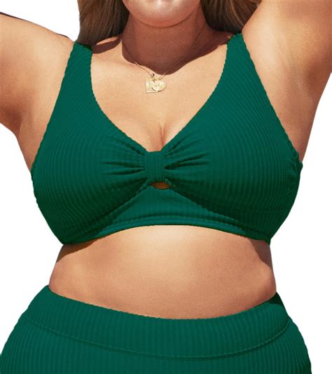 Cupshe Women Swimsuit Plus Size Bikini Top Ribbed Texture Knotted Front Fixed Wide Straps No